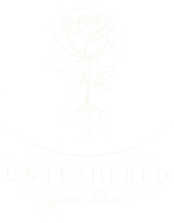 The Untethered Garden logo: a rose whose roots rest just above a curved line